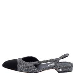 Chanel Black/Grey Tweed And Fabric Cap Toe Slingback Flats Size