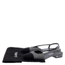 Pre Owned Chanel Black/Grey Tweed And Fabric Cap Toe Slingback Flats Size 37.5