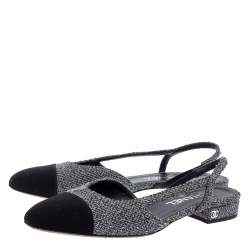 Pre Owned Chanel Black/Grey Tweed And Fabric Cap Toe Slingback Flats Size 37.5