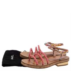 Pre Owned Chanel Multicolor Tweed Cord Cork Flat Slingback Sandals Size 38 