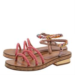 Pre Owned Chanel Multicolor Tweed Cord Cork Flat Slingback Sandals Size 38 