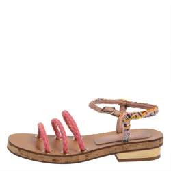 Pre Owned Chanel Multicolor Tweed Cord Cork Flat Slingback Sandals Size 38 