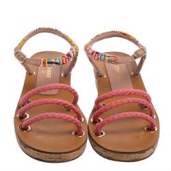 Pre Owned Chanel Multicolor Tweed Cord Cork Flat Slingback Sandals Size 38 