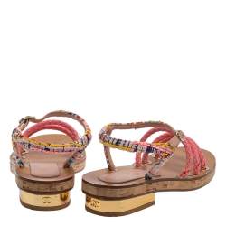 Pre Owned Chanel Multicolor Tweed Cord Cork Flat Slingback Sandals Size 38 