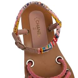 Pre Owned Chanel Multicolor Tweed Cord Cork Flat Slingback Sandals Size 38 