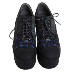 Pre Owned حذاء أوكسفوردز شان يل صوف وتويد أسود/أزرق مقدمة منفصلة نعل سميك مقاس 36.5