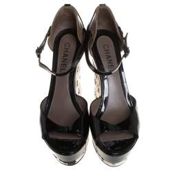 Chanel Black/Grey Patent And Leather Wedge Sandals Side 39.5