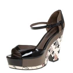 Chanel Black/Grey Patent And Leather Wedge Sandals Side 39.5