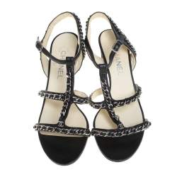 Chanel Black Leather Chain Embellished Sandals Size 40