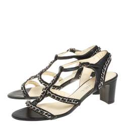 Chanel Black Leather Chain Embellished Sandals Size 40