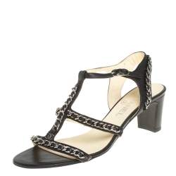 Chanel Black Leather Chain Embellished Sandals Size 40