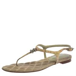 مملوكة مسبقًا Chanel Yellow Leather Gold CC T Strap Thong Flats Size 37