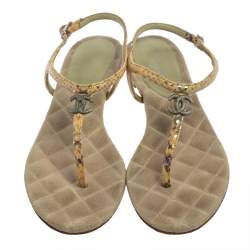 مملوكة مسبقًا Chanel Yellow Leather Gold CC T Strap Thong Flats Size 37