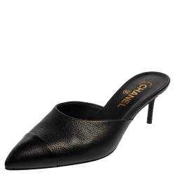 Pre Owned Chanel Black Leather CC Heel Pointed Toe Mules Size 39