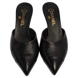 Pre Owned Chanel Black Leather CC Heel Pointed Toe Mules Size 39