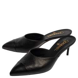 Pre Owned Chanel Black Leather CC Heel Pointed Toe Mules Size 39