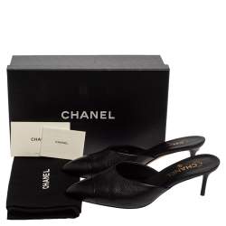 Pre Owned Chanel Black Leather CC Heel Pointed Toe Mules Size 39