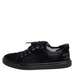 Pre Owned Chanel Black Suede And Mesh CC Low Top Sneakers Size 36.5