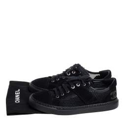 Pre Owned Chanel Black Suede And Mesh CC Low Top Sneakers Size 36.5