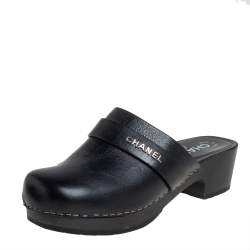 Pre Owned Chanel Black Leather Wooden Clog Mule Sandals Size 36