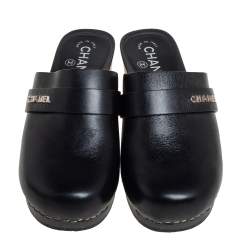 Pre Owned Chanel Black Leather Wooden Clog Mule Sandals Size 36