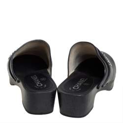Pre Owned Chanel Black Leather Wooden Clog Mule Sandals Size 36