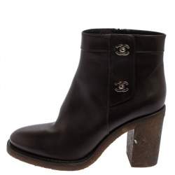Chanel Brown Leather CC Turnlock Ankle Boots Size 41