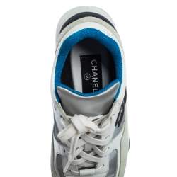 Pre Owned Chanel White/Silver Leather And Polyamide CC Low Top Sneakers Size 38