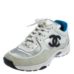Chanel White/Silver Leather And Polyamide CC Low Top Sneakers Size