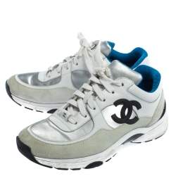Pre Owned Chanel White/Silver Leather And Polyamide CC Low Top Sneakers Size 38