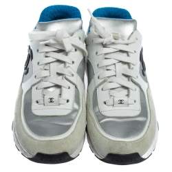 Pre Owned Chanel White/Silver Leather And Polyamide CC Low Top Sneakers Size 38