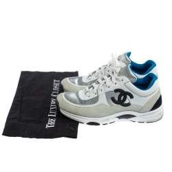 Pre Owned Chanel White/Silver Leather And Polyamide CC Low Top Sneakers Size 38