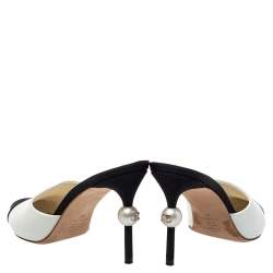 Chanel White/Black Canvas And  Leather CC Pearl Heel Pointed Toe Mules Sandals Size 38