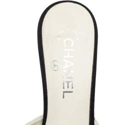 Chanel White/Black Canvas And  Leather CC Pearl Heel Pointed Toe Mules Sandals Size 38