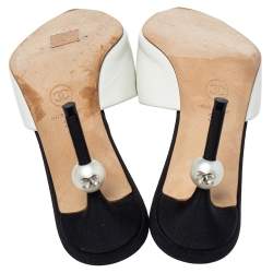Chanel White/Black Canvas And  Leather CC Pearl Heel Pointed Toe Mules Sandals Size 38