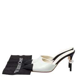 Chanel White/Black Canvas And  Leather CC Pearl Heel Pointed Toe Mules Sandals Size 38