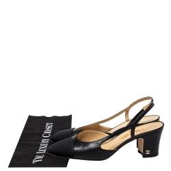 Pre Owned Chanel Black Leather and Fabric Cap Toe Slingback Sandals Size 38