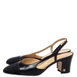 Pre Owned Chanel Black Leather and Fabric Cap Toe Slingback Sandals Size 38