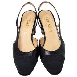 Pre Owned Chanel Black Leather and Fabric Cap Toe Slingback Sandals Size 38