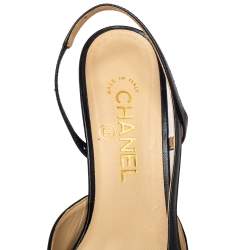 Pre Owned Chanel Black Leather and Fabric Cap Toe Slingback Sandals Size 38