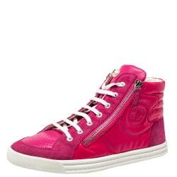 Chanel Pink Leather CC Double Zip Accent High Top Sneakers Size