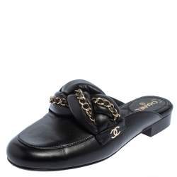 CHANEL Black Braided CC Block Heel Mule Lambskin Leather Sandals