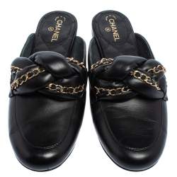 مملوكة مسبقًا Chanel Black Leather Braided Chain Mule Sandals Size 36