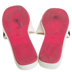 Pre Owned Chanel White/Black Leather CC Cambon Flat Slides Size 41.5