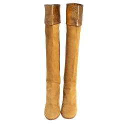 Pre Owned Chanel Vintage Gold Suede Fold CC Knee Length Boots Size 41