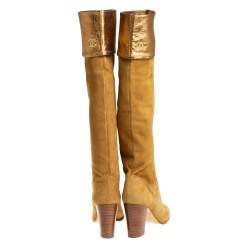 Pre Owned Chanel Vintage Gold Suede Fold CC Knee Length Boots Size 41