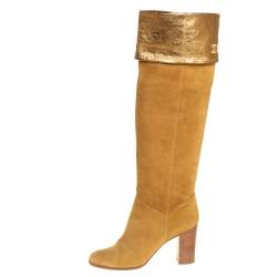 Pre Owned Chanel Vintage Gold Suede Fold CC Knee Length Boots Size 41