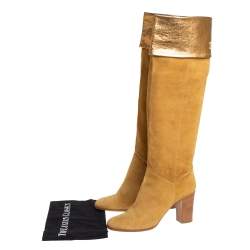 Pre Owned Chanel Vintage Gold Suede Fold CC Knee Length Boots Size 41