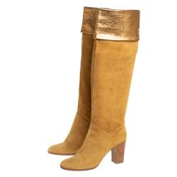 Pre Owned Chanel Vintage Gold Suede Fold CC Knee Length Boots Size 41
