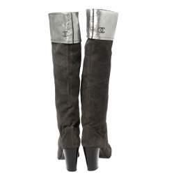 مملوكة مسبقًا حذاء بوت للركبه شانيل جلد وسويدي رصاصي داكن مقاس 41